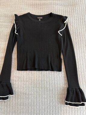 Topshop Black Long-Sleeve Ruffle Trim Knit Top with White Piping